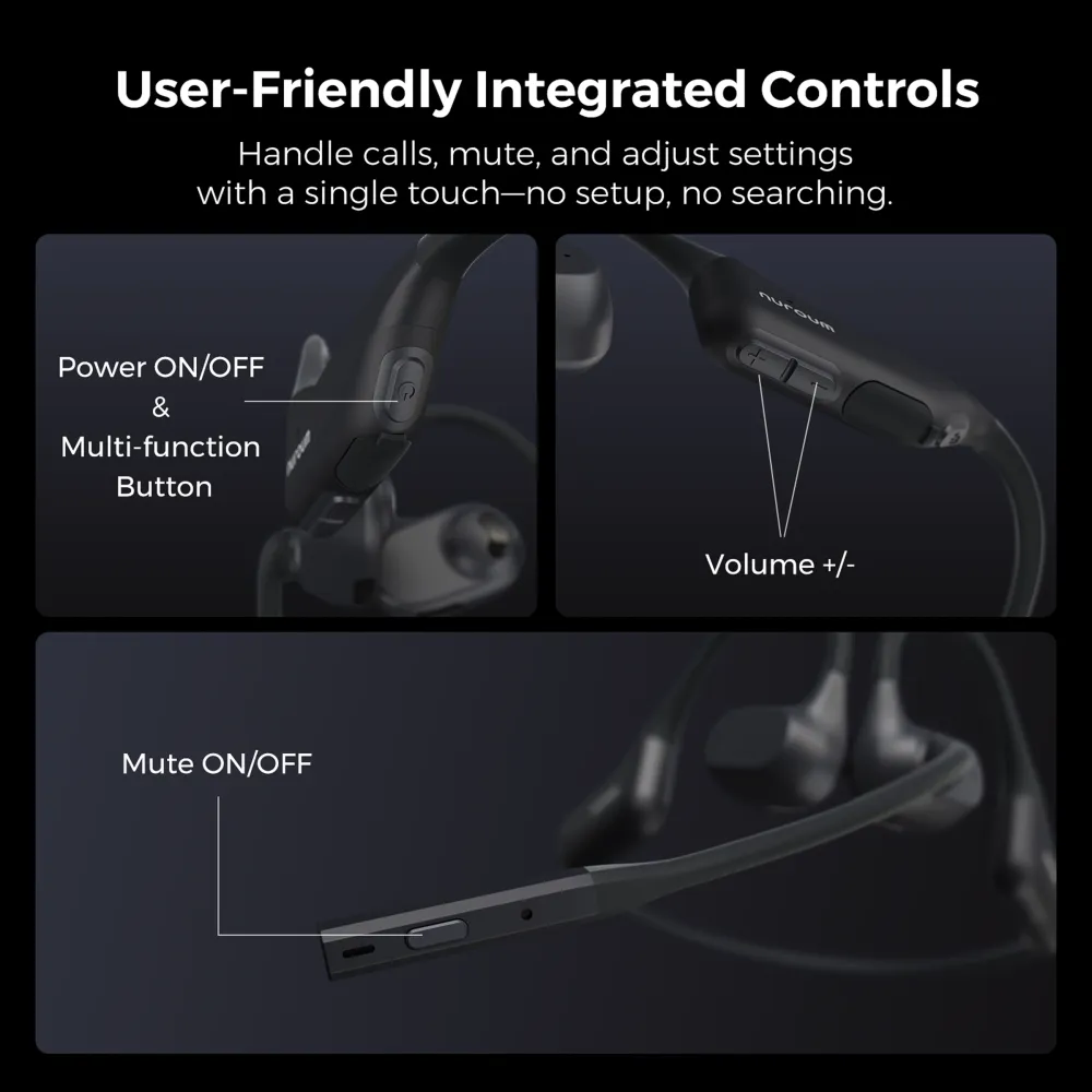 Open ear headphone with mic with convenient physical buttons for volume control, power, and instant mute ON/OFF during calls