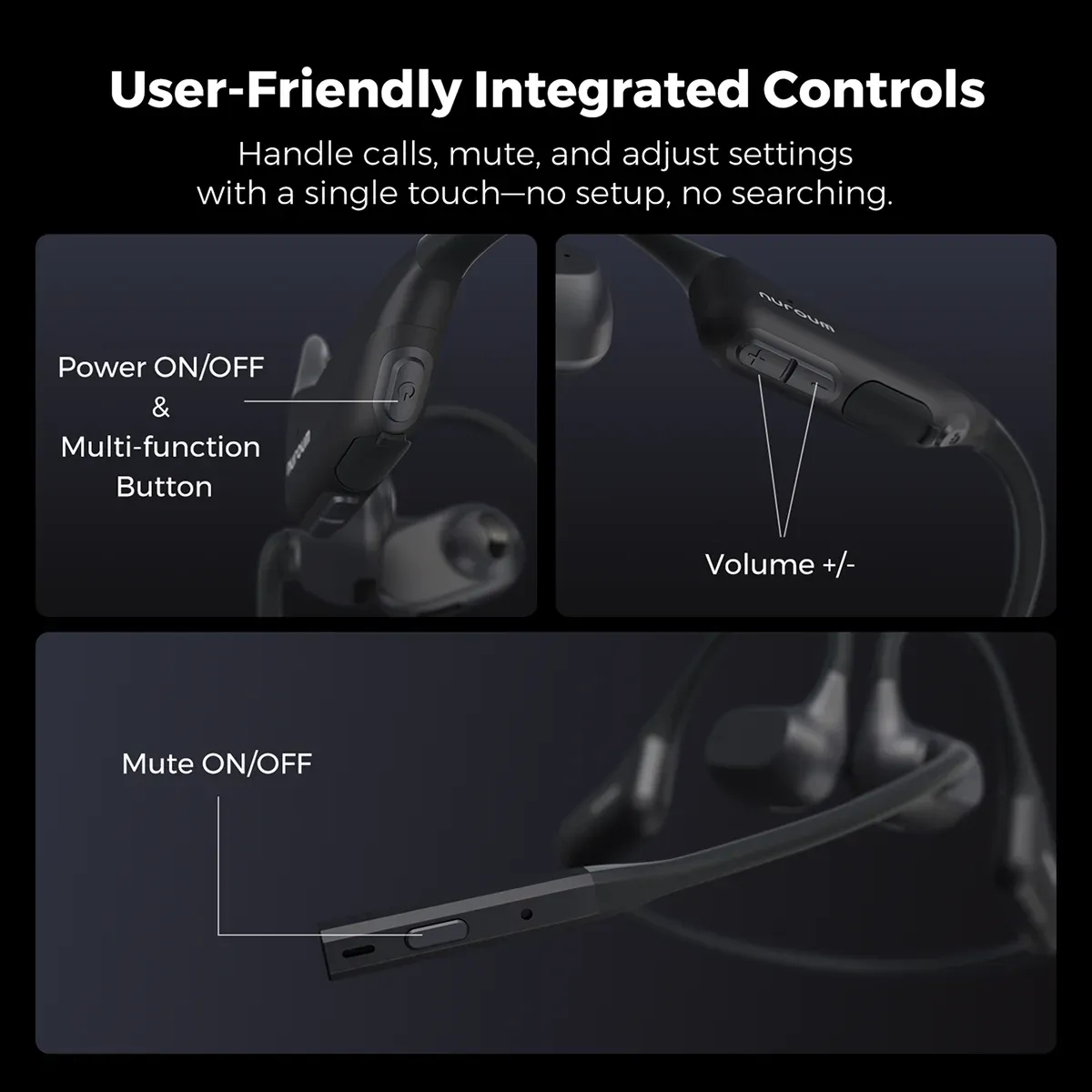 Open ear headphone with mic with convenient physical buttons for volume control, power, and instant mute ON/OFF during calls
