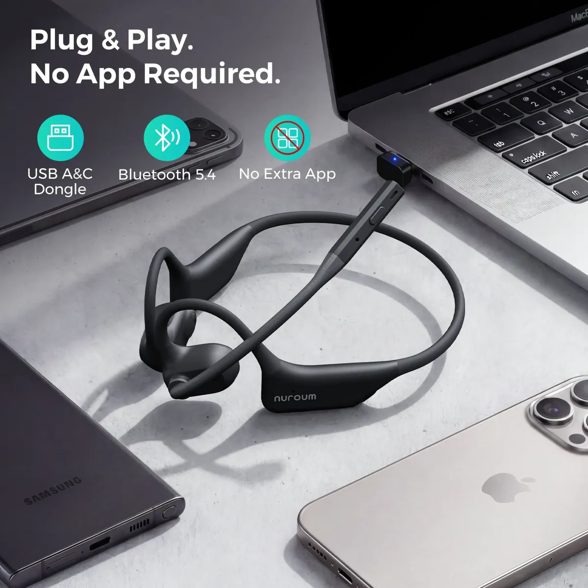 two black open ear wireless headphones with microphone​ are on the table