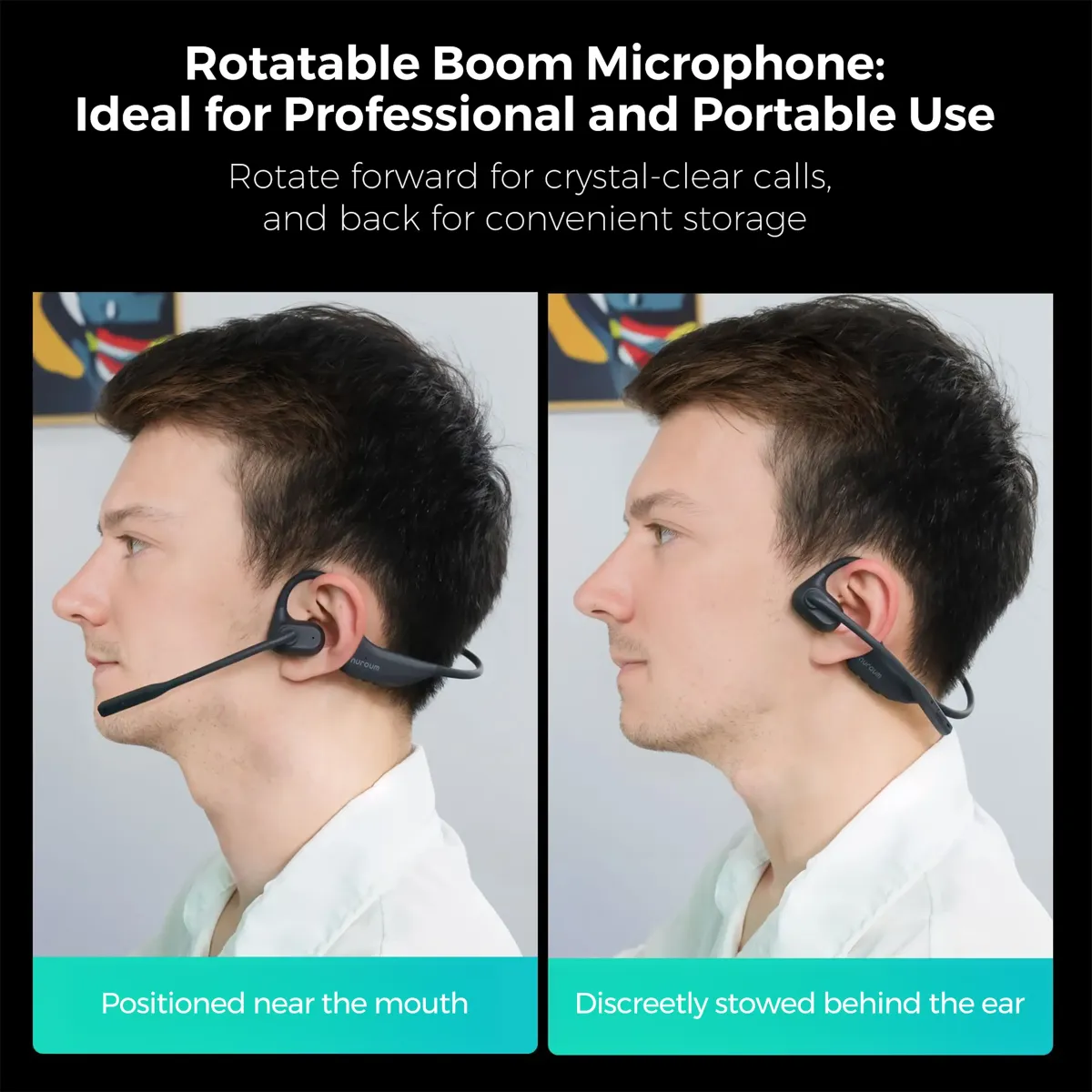 a white man is testing open ear wireless headphones with microphone​ now