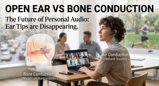 A professional magazine-style blog cover featuring the title 'OPEN EAR VS BONE CONDUCTION.' In the center, a woman in a modern workplace wears sleek open-ear air conduction headphones
