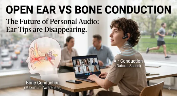 A professional magazine-style blog cover featuring the title 'OPEN EAR VS BONE CONDUCTION.' In the center, a woman in a modern workplace wears sleek open-ear air conduction headphones