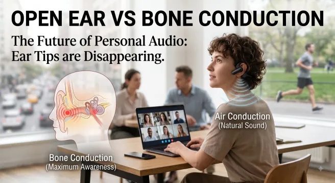 A professional magazine-style blog cover featuring the title 'OPEN EAR VS BONE CONDUCTION.' In the center, a woman in a modern workplace wears sleek open-ear air conduction headphones
