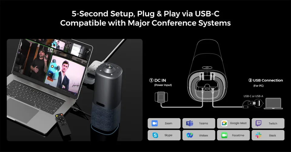 5-Second Setup, Plug & Play via USB-C. Compatible with Major Conference Systems