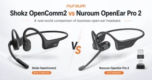 Shokz OpenComm2 and Nuroum OpenEar Pro 2 open-ear business headsets shown side by side in a comparison cover image.