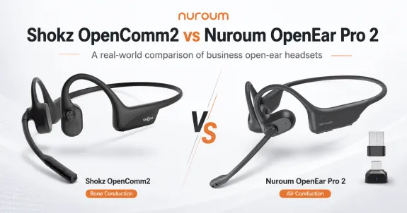 Shokz OpenComm2 and Nuroum OpenEar Pro 2 open-ear business headsets shown side by side in a comparison cover image.