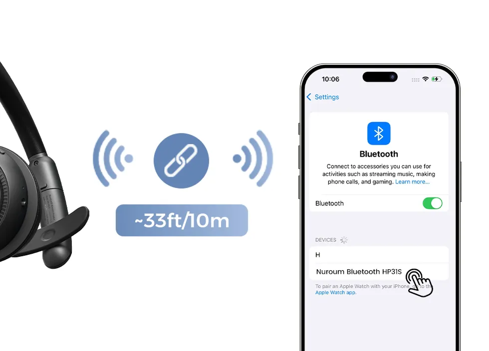 Mono bluetooth headset with advanced Bluetooth 5.4 technology, offering a 33ft/10m wireless range and 30ms ultra-low latency.