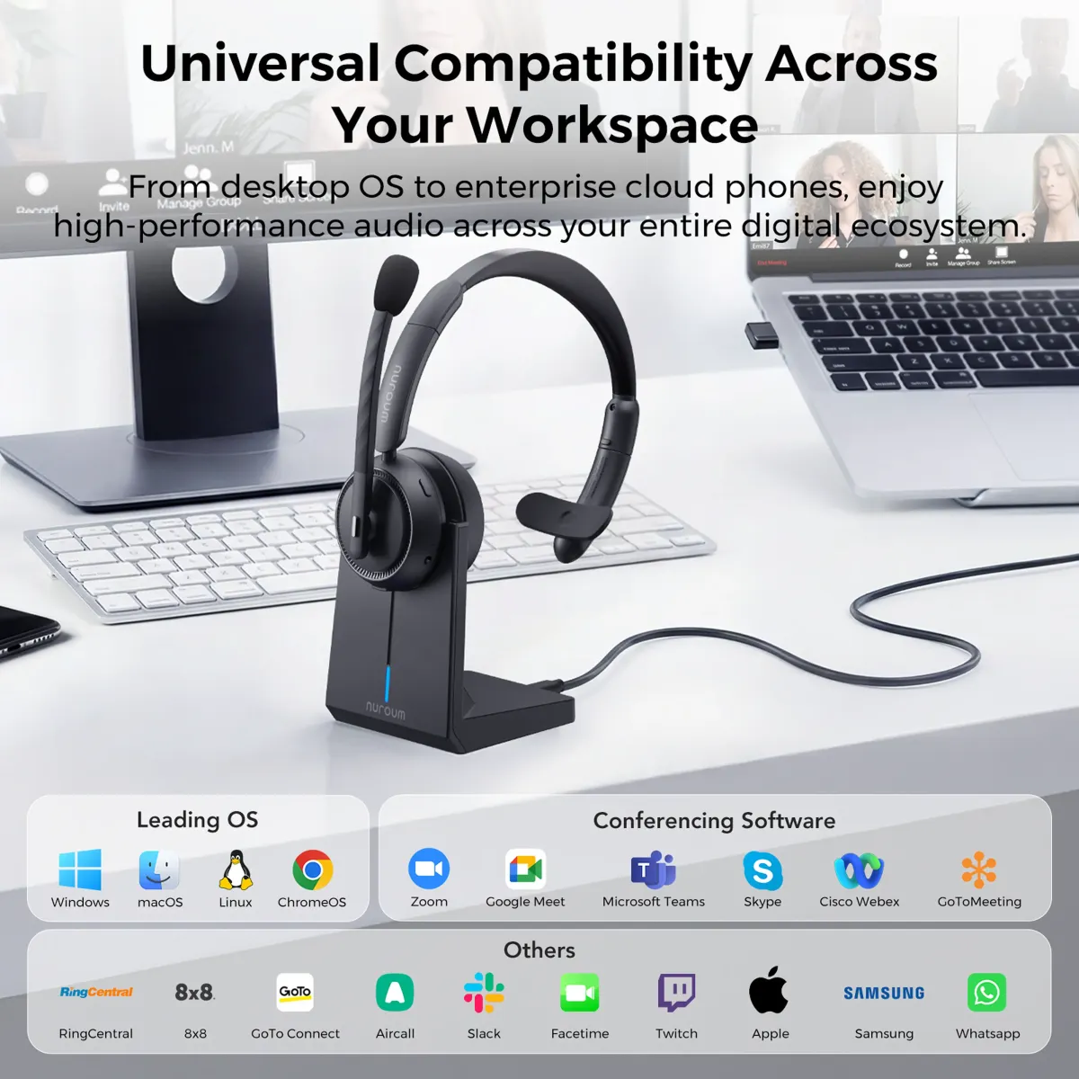 Broad compatibility one ear headset with mic for professional conferencing and VoIP.