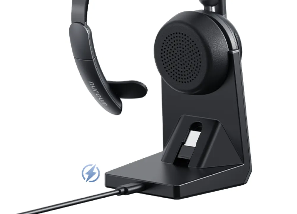 Mono bluetooth headset with a fast and simple charging dock for convenient desktop storage and power management.