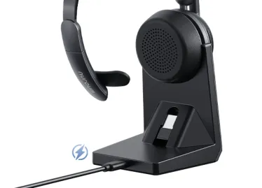 Mono bluetooth headset with a fast and simple charging dock for convenient desktop storage and power management.