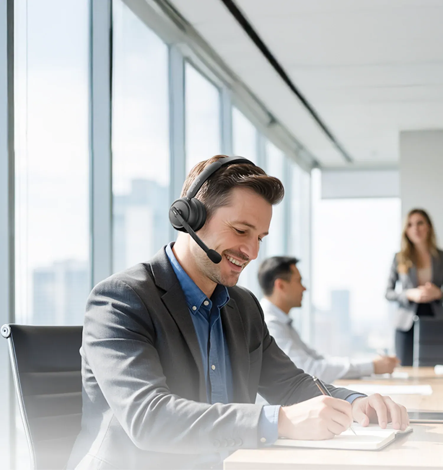 a woman wearing black wireless headphones with noise cancelling mic at home