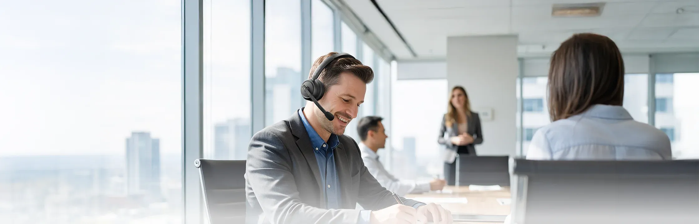 a woman wearing black wireless headphones with noise cancelling mic at home