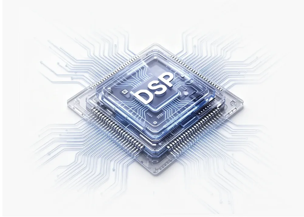 Close-up of a digital signal processor (DSP) microchip, the core component of a premium wireless headphone with noise cancelling mic.