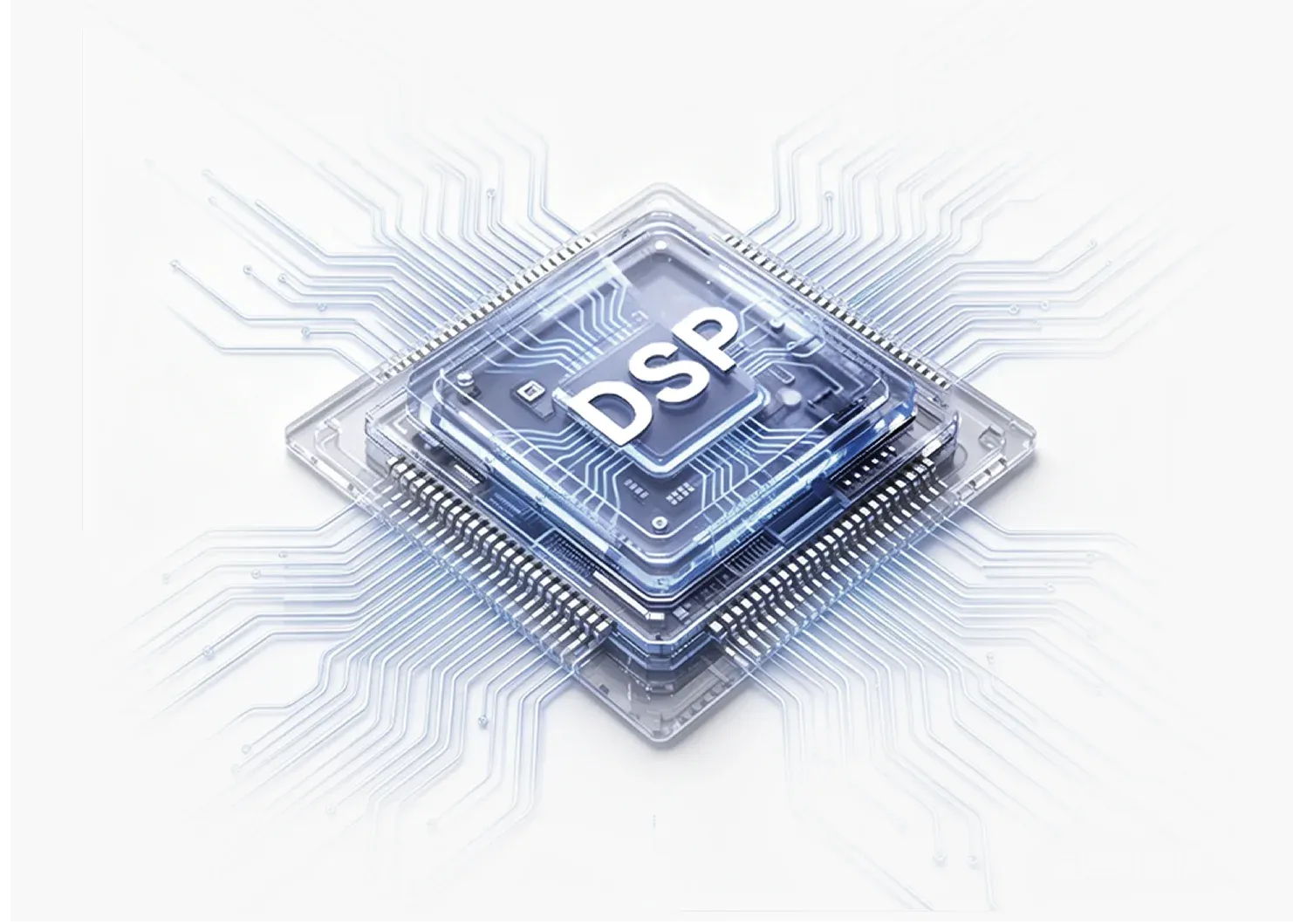 Close-up of a digital signal processor (DSP) microchip, the core component of a premium wireless headphone with noise cancelling mic.