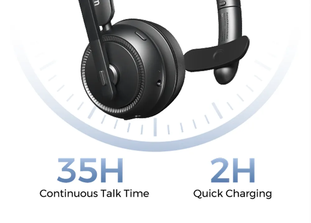 Professional wireless mono headset ideal for call centers, featuring 35H continuous talk time and 2H quick charging.
