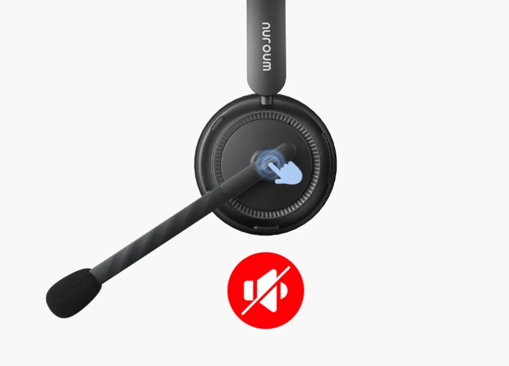 Intuitive one-click mute button on a wireless mono headset, allowing instant privacy control during office or remote meetings.