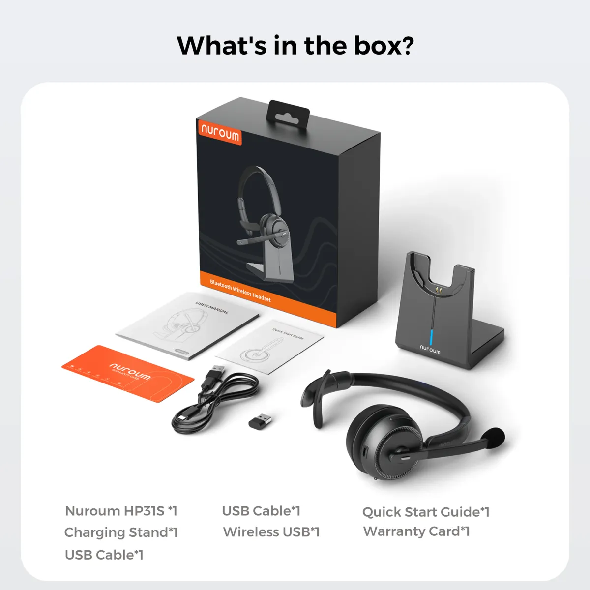 Nuroum HP31S single ear wireless headset with mic for PC, includes charging stand, USB dongle, and mono bluetooth headset accessories.
