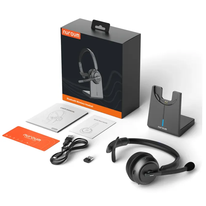 Single ear wireless headset with mic for PC bundle including charging dock, USB-A dongle, and Type-C cable for professional office setup.