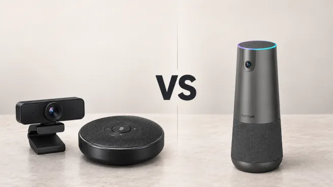 Separate webcam and speakerphone on the left versus a Nuroum C40 all-in-one conference camera on the right.