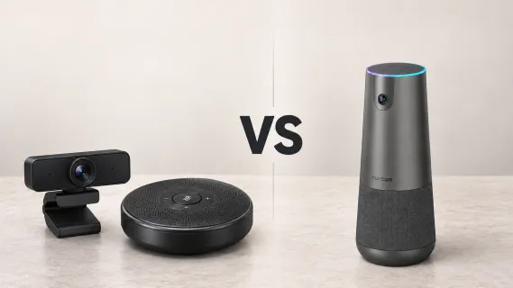 Separate webcam and speakerphone on the left versus a Nuroum C40 all-in-one conference camera on the right.