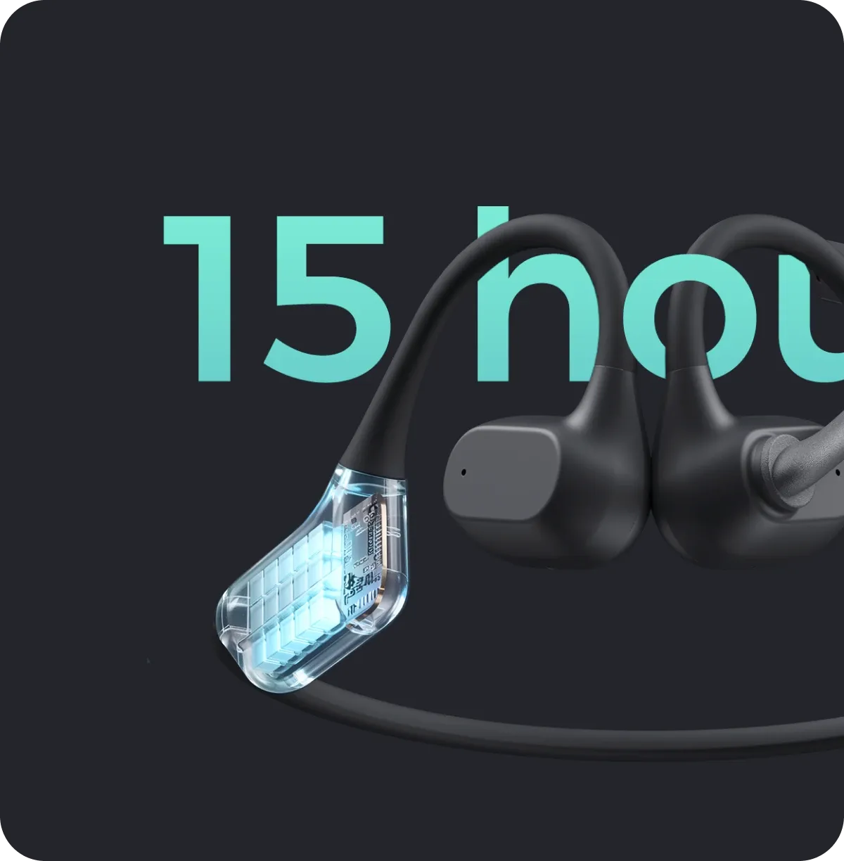 Transparent view of the headset's built-in battery highlighting 15 hours of long-lasting playtime.